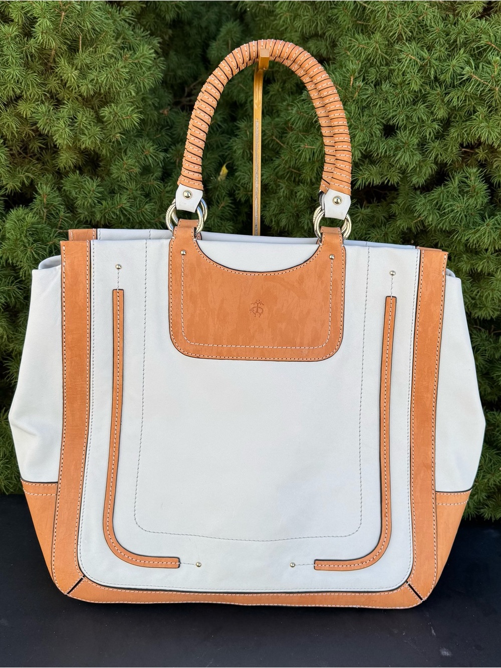 Brooks Brothers Two-Tone White and Tan Leather Tote Bag